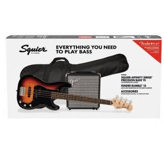 Squier Affinity Series™ Precision Bass® PJ Pack, Laurel Fingerboard, 3-Color Sunburst, Gig Bag, Rumble 15